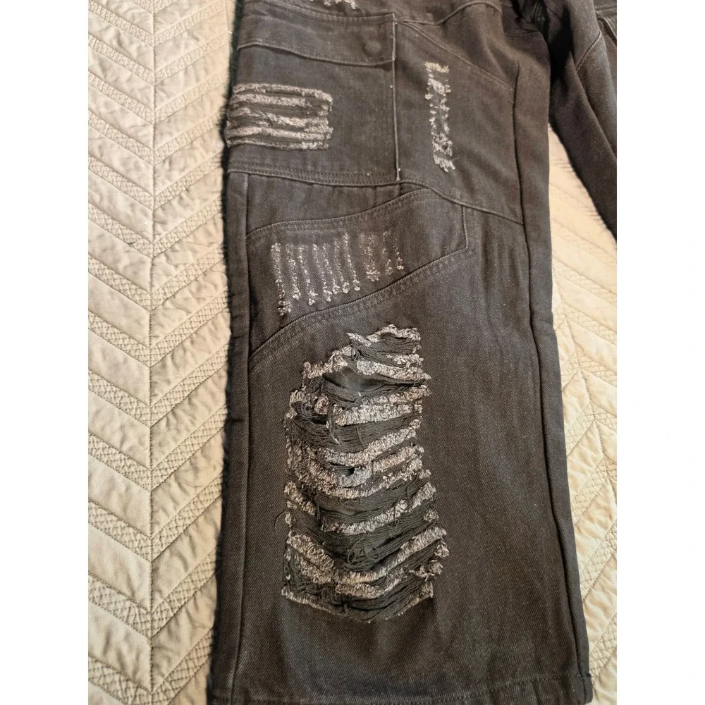 Sora Cruel Fate Distressed Cargo Pants Black Denim Heart Embroidery Mens Large